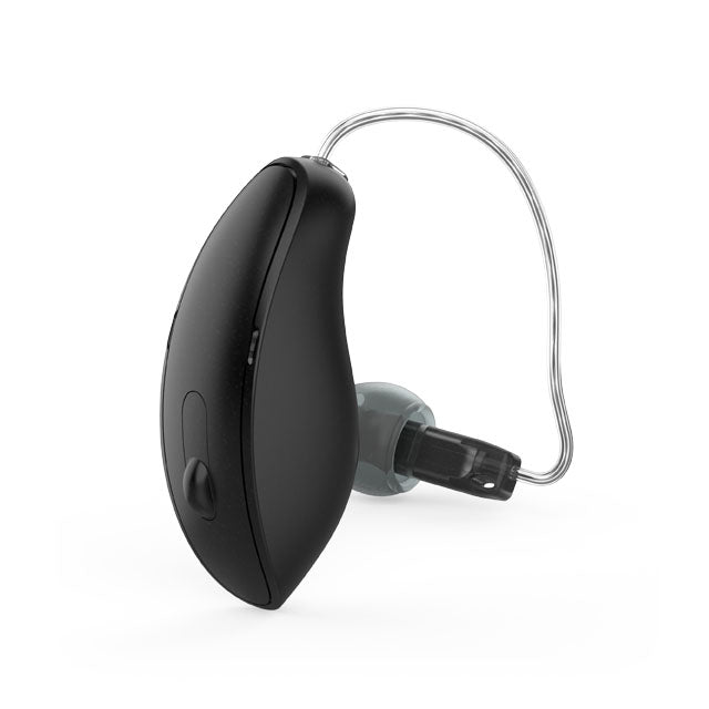 Starkey Edge AI mRIC R Hearing Aid in Tech Black Colour.