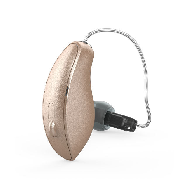 Starkey Edge AI mRIC R Hearing Aid in Beige Colour.