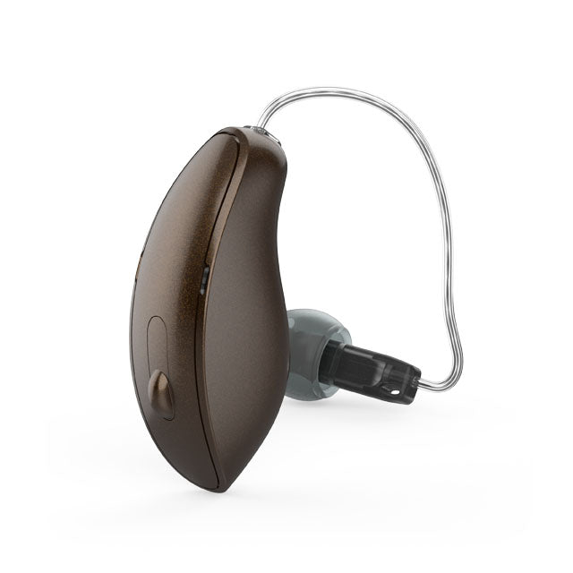 Starkey Edge AI mRIC R Hearing Aid in Chestnut Colour.