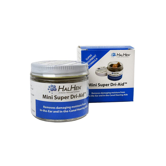 Hal-Hen® Mini Super Dri-Aid™ is a compact solution designed to combat moisture buildup in hearing aids.