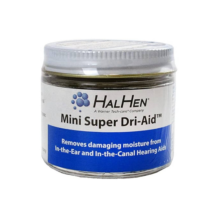 Hal-Hen® Mini Super Dri-Aid™ is a compact solution designed to combat moisture buildup in hearing aids.