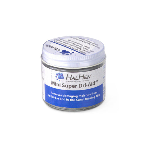 Hal-Hen® Mini Super Dri-Aid™ is a compact solution designed to combat moisture buildup in hearing aids.