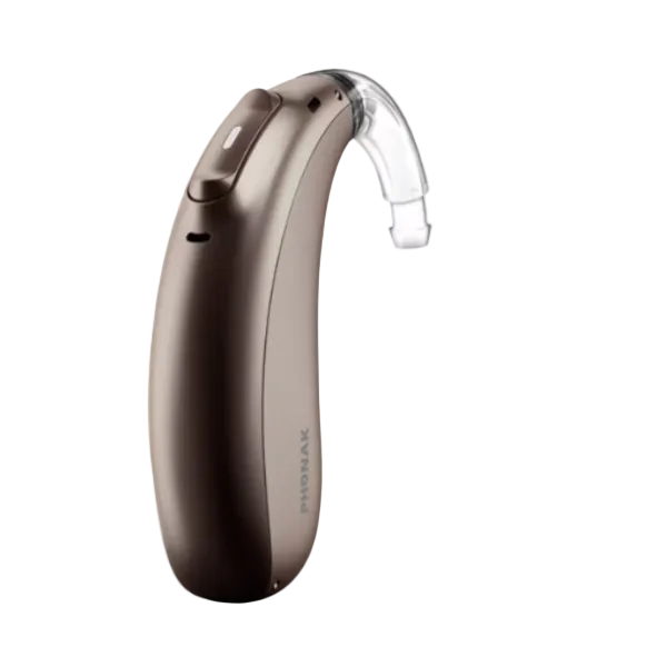 Phonak Sky Lumity hearing aid behind-the-ear for strong speech clarity and hearing from a distance, available for an in clinic demo in Ontario.