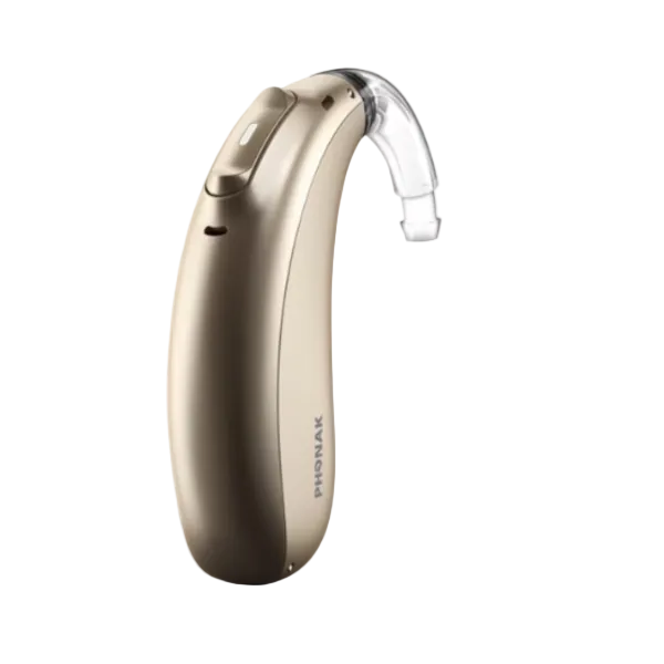 Phonak Sky Lumity hearing aid behind-the-ear for strong speech clarity and hearing from a distance, available for an in clinic demo in Ontario.