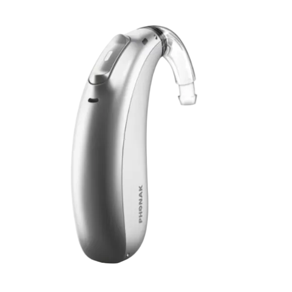 Phonak Sky Lumity hearing aid behind-the-ear for strong speech clarity and hearing from a distance, available for an in clinic demo in Ontario.