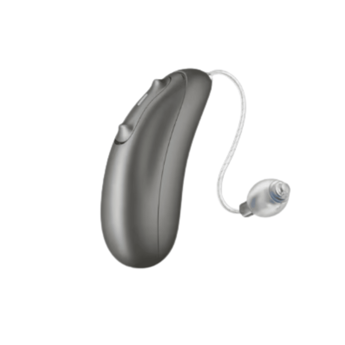 Unitron Blu Moxi rechargeable telecoil hearing aid for speech clarity and balanced hearing, available for an in clinic demo in Ontario.