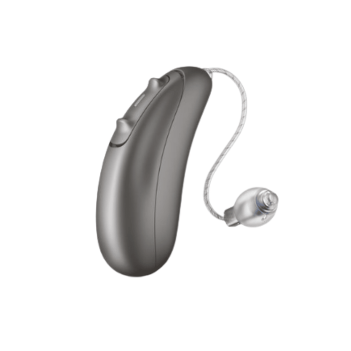 Unitron Vivante Moxi rechargeable telecoil hearing aid for clear speech and balanced hearing, available for an in clinic demo in Ontario.