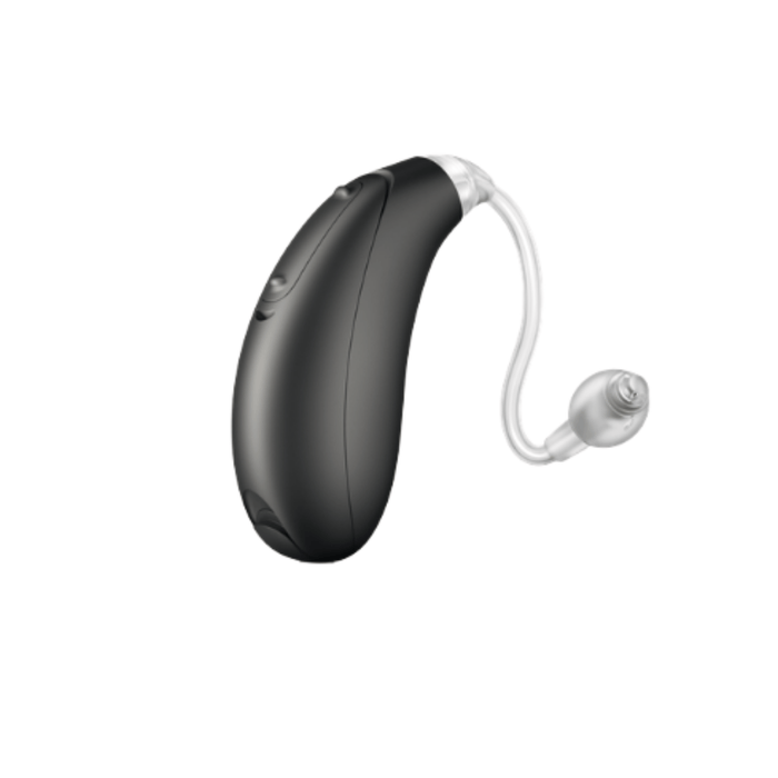 Unitron Vivante Stride BTE battery operated power hearing aid for clear speech and balanced hearing, available for an in clinic demo in Ontario.