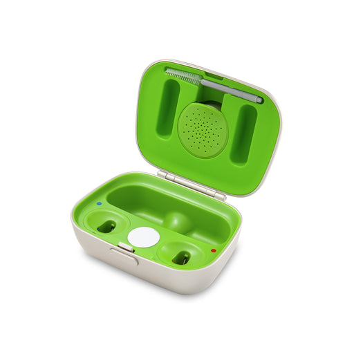 Phonak and Kirkland Signature Charger Hard Case Combi compatible with rechargeable Phonak, Kirkland, and Unitron hearing aids.