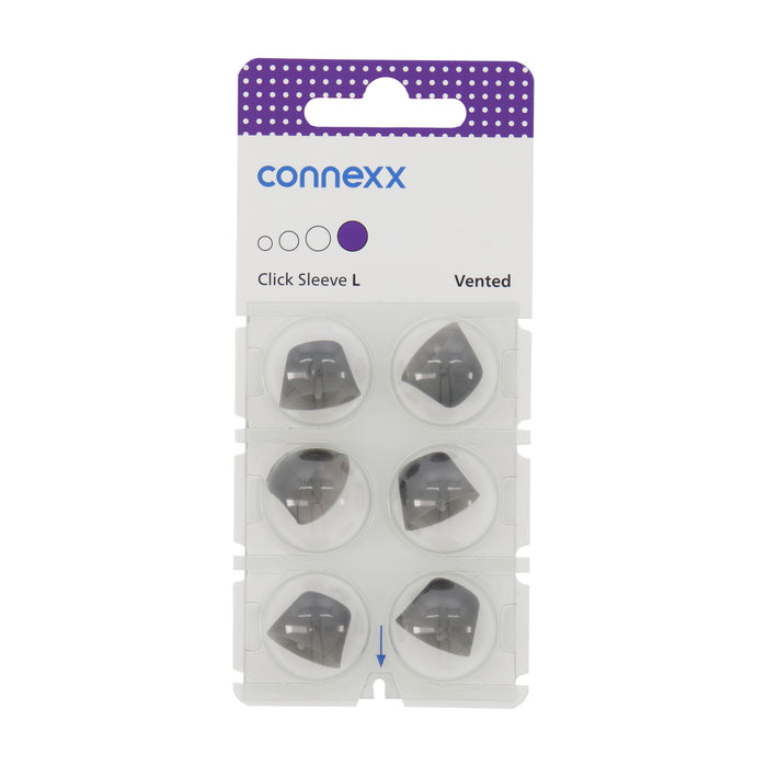 Connexx Click Sleeve L Vented Fastens securely to Signia, Siemens, or Rexton hearing aids
